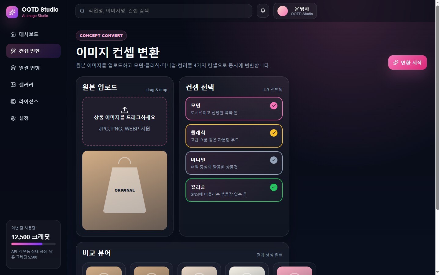 컨셉 변환 화면 — 원본 1장이 4가지 컨셉으로 동시 변환, 2x2 그리드 비교
