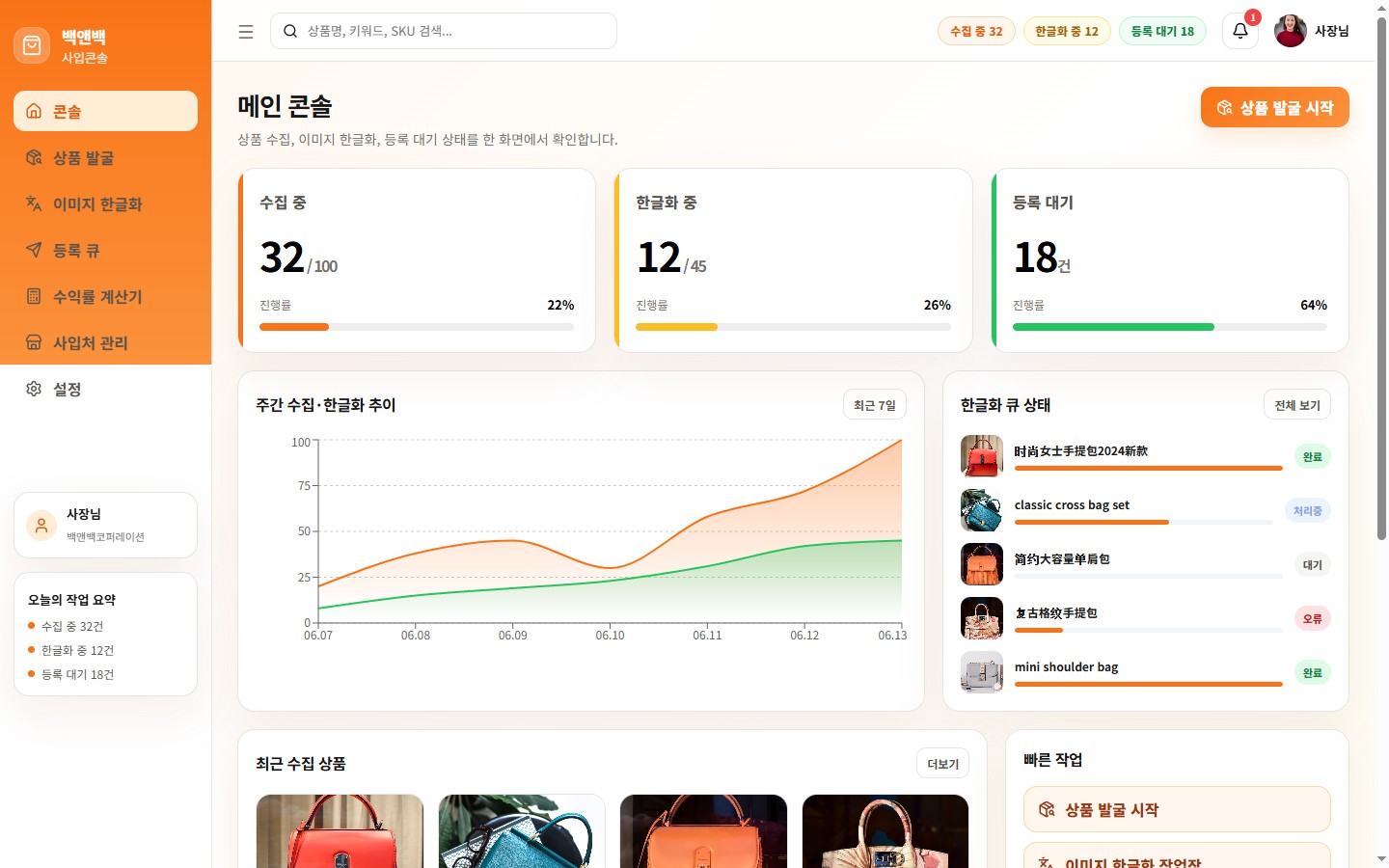 사입 콘솔 메인 화면 — 수집·한글화·등록 대기 작업의 진행률을 한 화면에서 표시