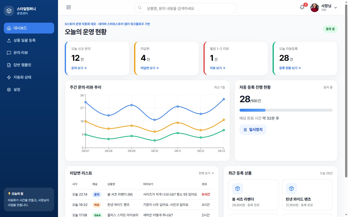 셀러 운영 대시보드 메인 화면