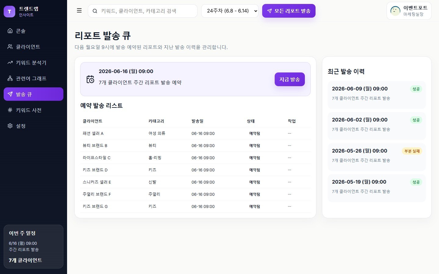 리포트 발송 큐 — 월요일 9시 자동 발송 예약된 7개 클라이언트별 리포트 리스트